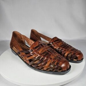 Basic Editions‎ Leather Woven Sandals Comfort Flats Brown Size 8W Wide Shoes